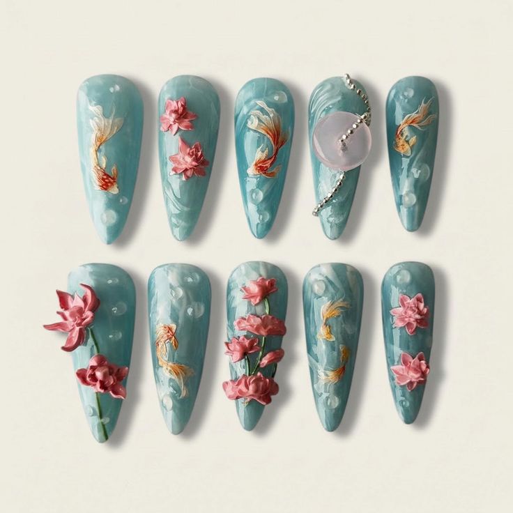 Teal Press On Nails